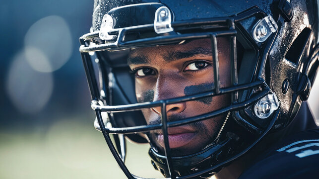 A football player in a black helmet and uniform, with sweat on his face, looking determined.