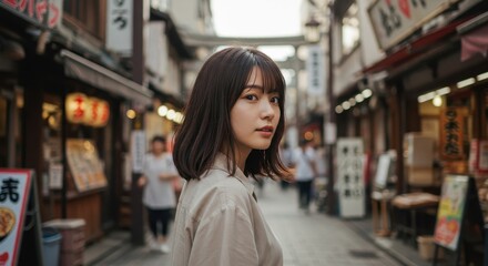 A Young Woman Stands in a Japanese Alleyway Looking Towards The Viewer