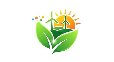 Wind turbines and sun inside green leaves represent renewable energy and environment.