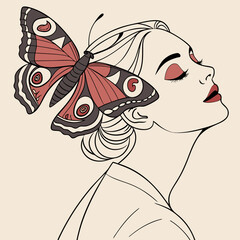 Line art of a woman in side profile with a butterfly-shaped hair accessory, elegant style, closed eyes, soft coral and navy tones, vector design, surreal and feminine look