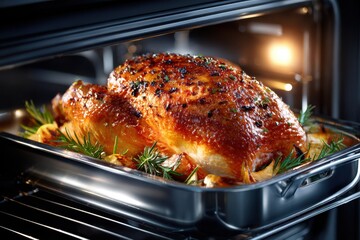Fototapeta premium Juicy roast turkey cooking in an oven with herbs and vegetables for holiday celebration