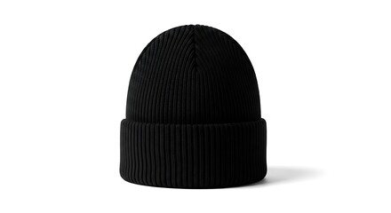 Fototapeta premium A single black ribbed knit beanie isolated on a plain white background