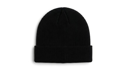 A single black ribbed knit beanie isolated on a plain white background