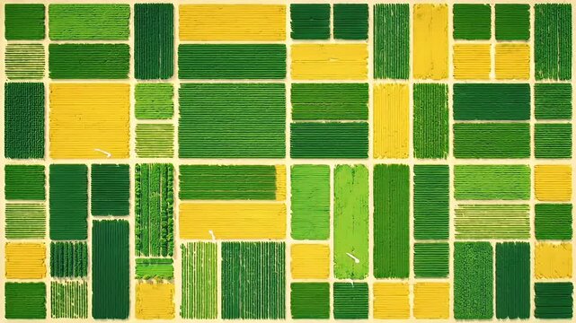 Overhead view of an abstract patchwork field with various green and yellow textured patches