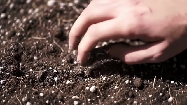 A hand gently touches rich, dark potting soil filled with white perlite particles