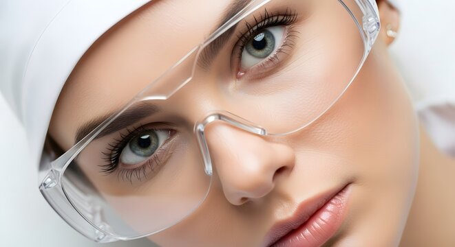 Close-up of a woman's face with transparent protective glasses looking at the camera. She has white cap and light makeup with glitter on her eyelashes on a white background.