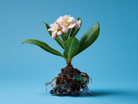 Conceptual image: A blooming flower with roots composed of discarded electronics, circular tech economy. E-waste, transformation. Symbolic, vibrant.