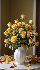 Bouquet of roses and autumn yellow leaves in white vase on olive interior background