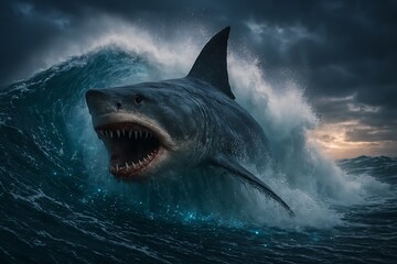 Giant megalodon shark breaching ocean wave at sunset