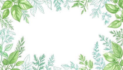 Garden Herbs Ink Frame (Basil, Dill, Parsley). Abstract watercolor background