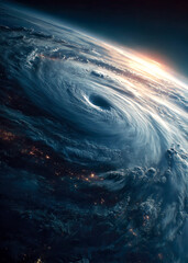 A powerful cyclone spins dramatically above Earth, surrounded by clouds illuminated by the warm colors of twilight. The view captures the sheer force and beauty of this natural phenomenon.