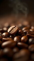 Dark roasted coffee beans piled vividly on a surface showcasing rich texture and color in soft natural lighting