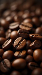 Dark roasted coffee beans piled vividly on a surface showcasing rich texture and color in soft natural lighting