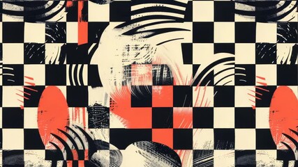 A unique design featuring alternating black and white squares with bold red and black brush strokes