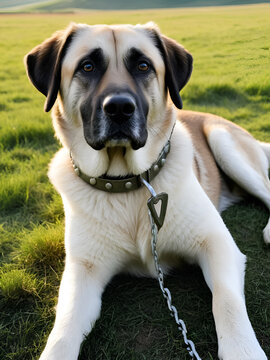 Anatolian shepherd dog with a spiked iron collar lying in the pasture. (The spiked iron collar protects the dogs' necks against wolves.