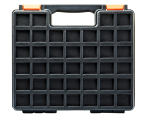 Black plastic hardware case with a textured grid and carry handle on a transparent background