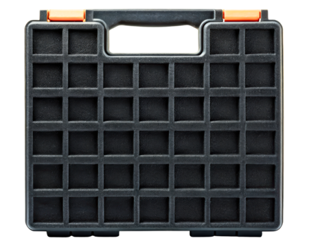 Black plastic hardware case with a textured grid and carry handle on a transparent background