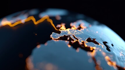 Global map with glowing economic growth indicators, symbolizing interconnected markets. Macroeconomics, prosperity. Vibrant, dynamic.