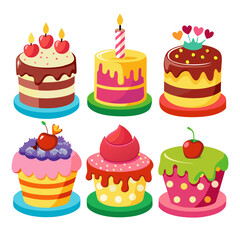 A delightful collection of six cartoon cakes and cupcakes each uniquely decorated with vibrant colors cherries candles hearts and dripping icing perfect for birthday celebrations