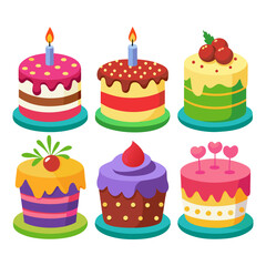 A whimsical illustration showcases six colorful layered cakes each uniquely decorated with frosting cherries hearts and candles all resting on vibrant teal or green plates