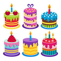 Collection of Six Colorful Cartoon Birthday Cakes with Candles and Various Toppings Perfect for Celebrations Parties and Festive Occasions Isolated on a White Background Vector