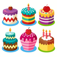 A delightful collection of six vibrantly colored cartoon cakes each uniquely decorated with cherries candles and playful patterns perfect for birthdays or sweet celebrations Six