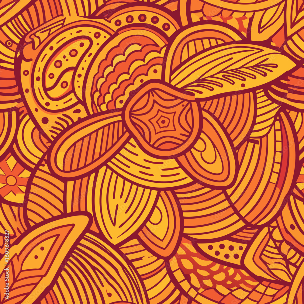 Wall mural abstract orange and red pattern design. intricate shapes and lines create a dynamic and vibrant back