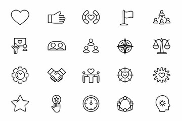 Fototapeta premium A clean line illustration set symbolizing personal and workplace values. Ideal for employee onboarding kits, ethical code posters, or educational infographics.