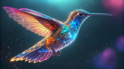 Obraz premium Colorful Hummingbird in Flight with Glowing Feathers on a Dark Background Artistic Rendering