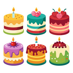 A delightful collection of six colorful cartoon style cakes each adorned with a single lit candle and unique toppings perfect for birthdays or celebratory events