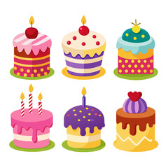 A vibrant and playful collection of six cartoon cakes each uniquely decorated with colorful frosting cherries candies and candles perfect for birthdays and celebrations set