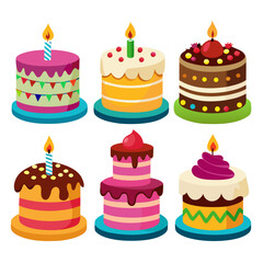 A Collection of Six Colorful and Festive Cartoon Birthday Cakes Each Topped with a Lit Candle and Unique Decorations Set Against a Plain White Background