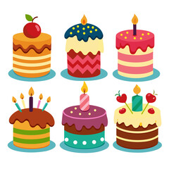 A colorful collection of six cartoon birthday cakes each unique with different icing toppings like cherries and lit candles all set against a clean white