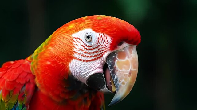 Close-up of a scarlet macaw's head with a red, orange, and white feathered pattern