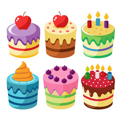 Collection of Six Colorful Cartoon Cakes with Various Toppings and Decorations Including Cherries Blueberries Candles and Frosting Set Against a Plain White Background Perfect for