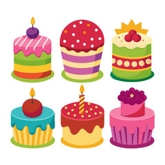 A colorful array of six cartoon birthday cakes each uniquely decorated with vibrant colors frosting candles and toppings perfect for celebrations and festive occasions on