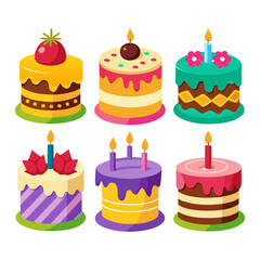 A vibrant collection of six uniquely decorated cartoon birthday cakes each adorned with candles frosting and various toppings set against a clean white background perfect