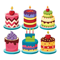 A collection of six vibrantly colored cartoon cakes each uniquely decorated with toppings candles and patterns all displayed on individual teal cake stands against a