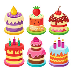 Collection of Six Colorful Cartoon Cakes with Various Toppings and Designs Perfect for Celebrations Birthdays or Sweet Treat Illustrations all set against a clean white
