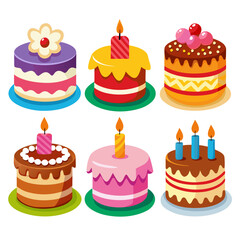 A colorful collection of six whimsical cartoon cakes each uniquely decorated with frosting toppings and lit candles perfect for birthdays celebrations or sweet treat illustrations