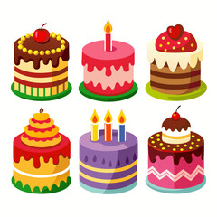 A colorful collection of six cartoon cakes each uniquely decorated with frosting candles cherries and vibrant colors perfect for birthdays celebrations or sweet treat illustrations