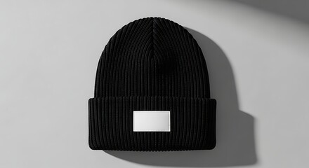 A black knit beanie hat with a blank white label for branding, isolated on a plain background