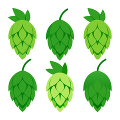 A collection of six stylized hop cones in various shades of green arranged in two rows on a white background perfect for brewing or agricultural