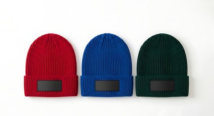 A collection of three knit beanie hats in red, blue, and green with blank labels, isolated on white