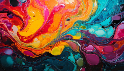 Colorful abstract painting background. Liquid marbling paint background. Fluid painting abstract texture. Intensive colorful mix of acrylic vibrant colors.