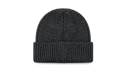 A dark gray knitted beanie hat isolated on a white background