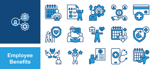 Bereavement, Wellness program, Professional Employee Benefits icon set. withdevelopment, Profit sharing, Saving account, Elder care, Legal assistance, Work life balance, Family health care.