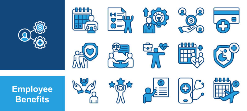 Bereavement, Wellness program, Professional Employee Benefits icon set. withdevelopment, Profit sharing, Saving account, Elder care, Legal assistance, Work life balance, Family health care.