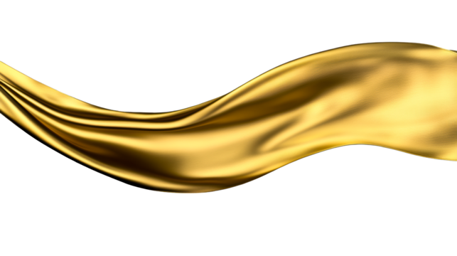A shiny golden fabric gracefully flows in soft, undulating waves