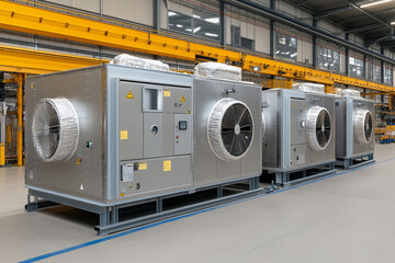 Industrial air filtration system operates in a busy facility
